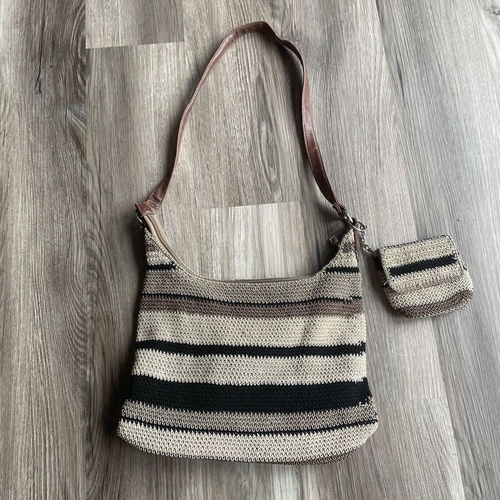 Woven Stripe Hobo Bag with Leather Strap - Beige & Black